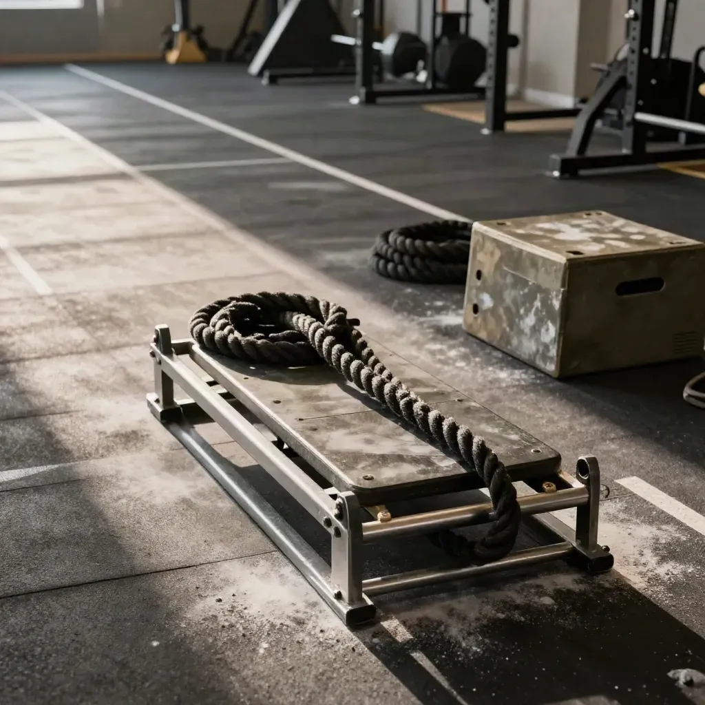 Laluan latihan gym dengan sled, battle rope, plyo box dan habuk kapur dramatik.