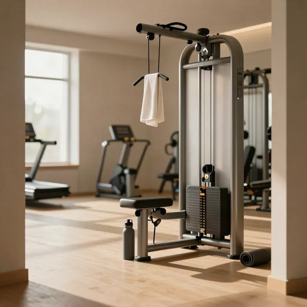Mesin kabel gym dengan tuala, botol air dan alas latihan dalam suasana tenang.