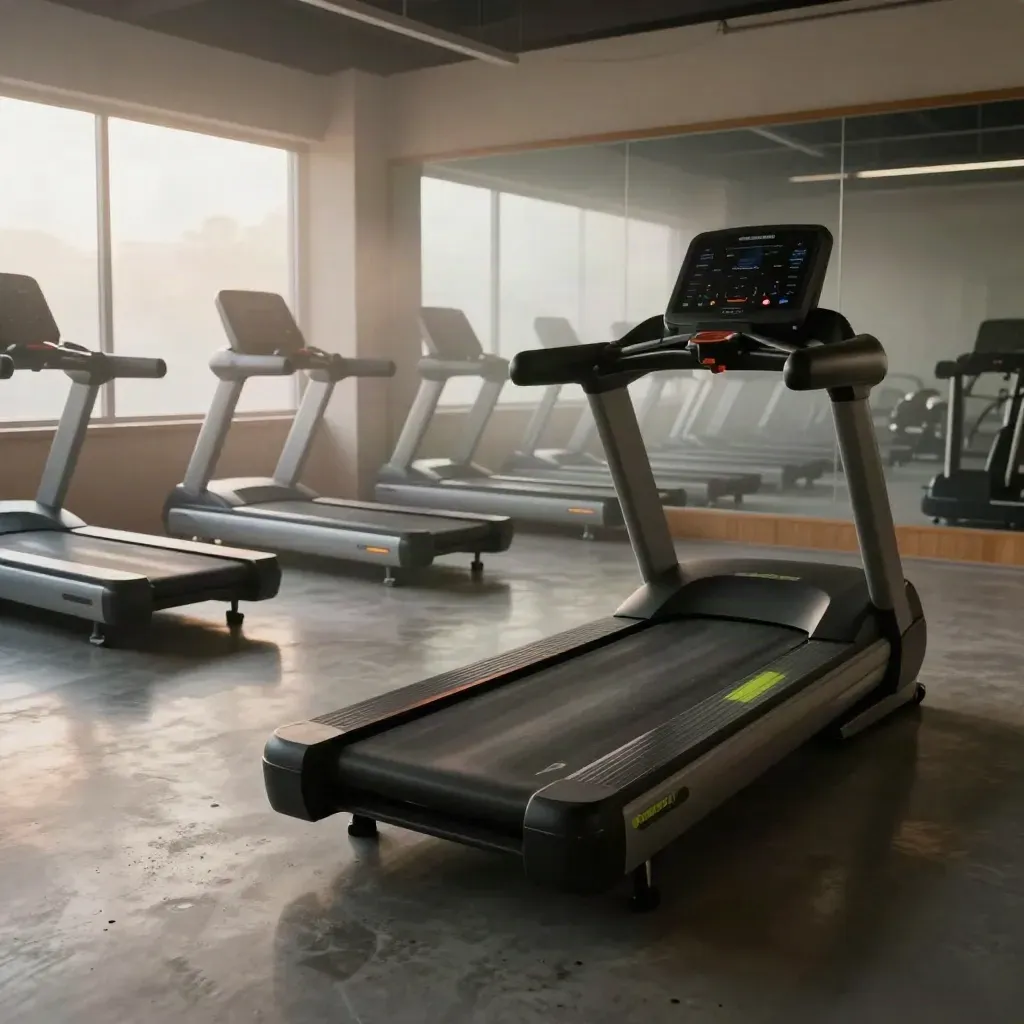 Deretan treadmill kosong di studio gym tenang dengan cahaya pagi dan lantai berkilau.