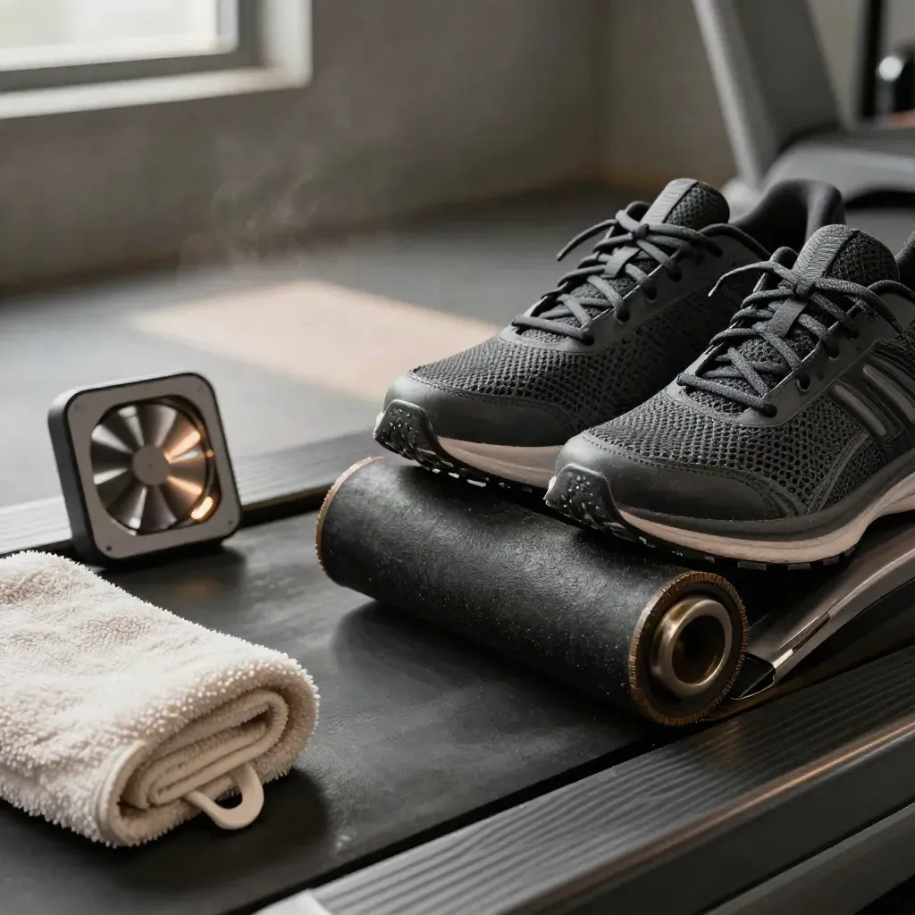 Koridor treadmill dengan kasut larian, tuala dan kipas pendingin dalam cahaya dramatik.