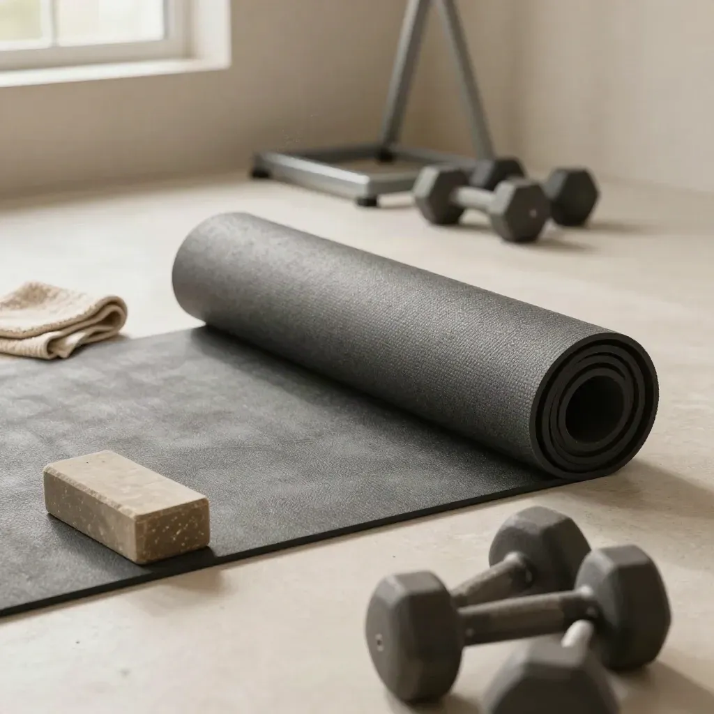 Mat latihan, kapur, tuala dan dumbbell tersusun di ruang gym yang tenang.