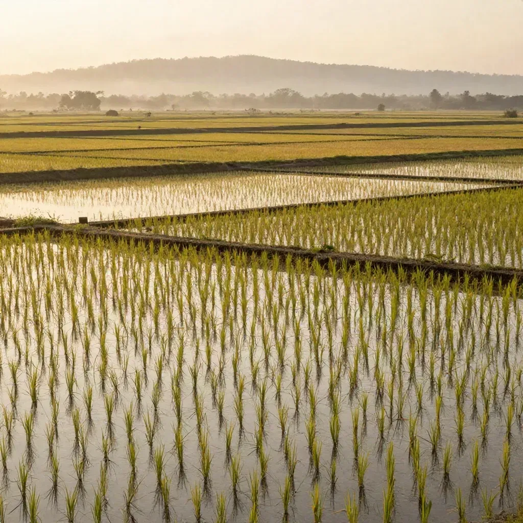 Pemandangan sawah Selangor waktu subuh dengan kabus lembut dan bukit jauh.